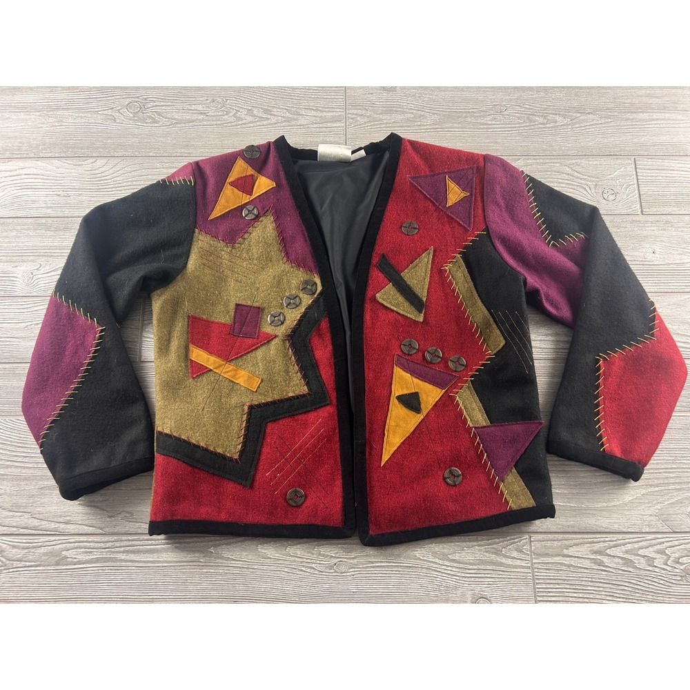Yak Magik Womens Wool Patchwork Jacket Medium Nepal Geometric Wearable Art Red